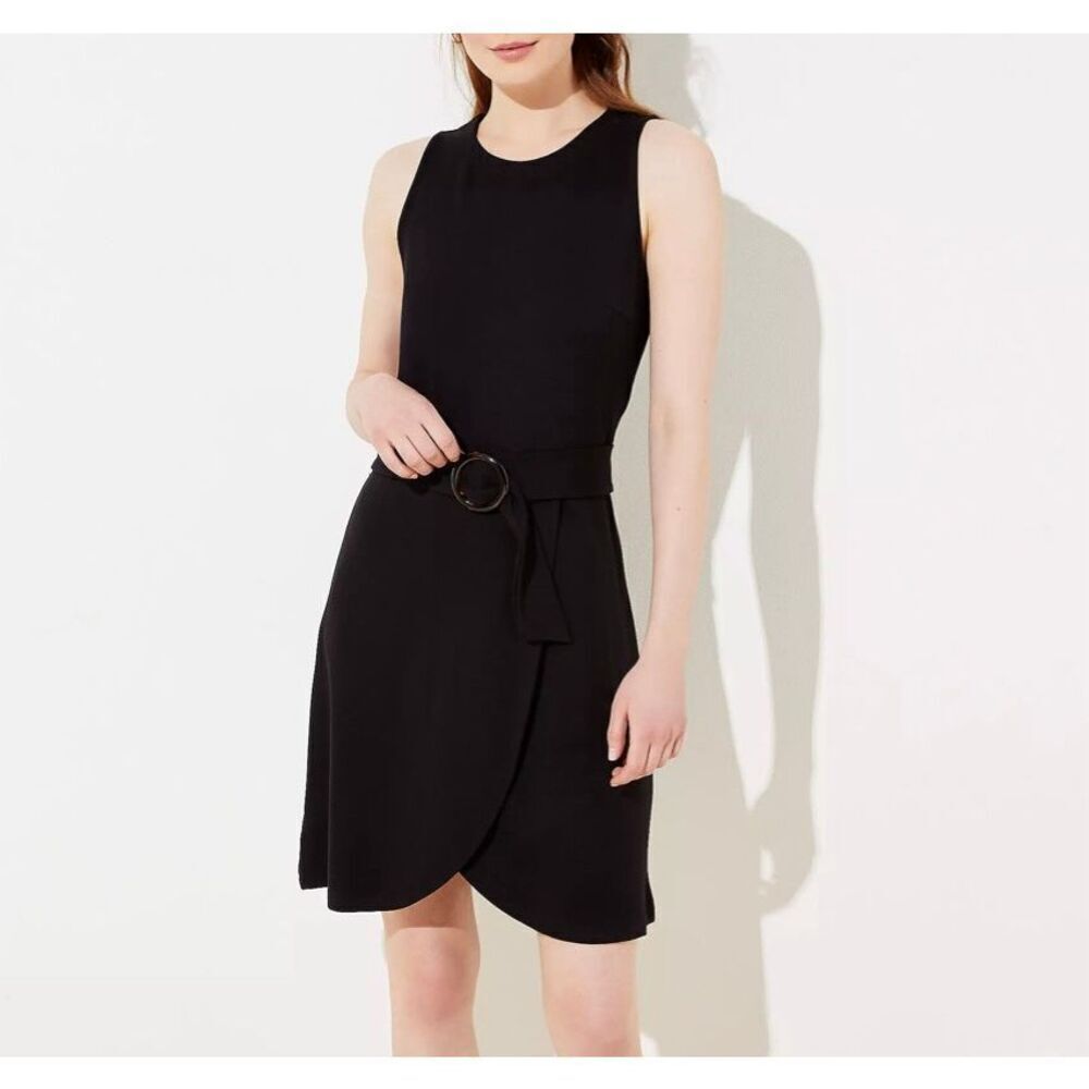 Loft NWT black faux wrap tortoiseshell belted dress 6
